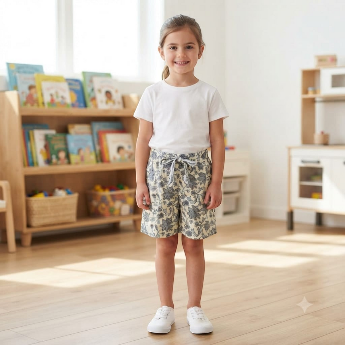 City Center Honey girls shorts with a cream and blue floral print, featuring a comfortable tie-waist design.