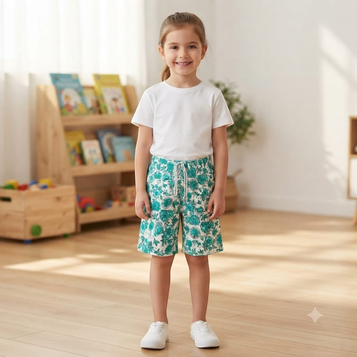 City Center Honey girls shorts featuring a teal and white floral print with a drawstring waist worn by a young girl