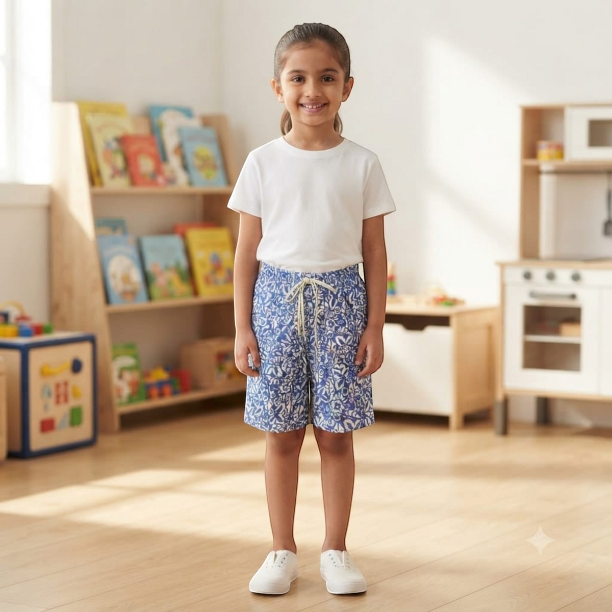City Center Honey Girls short pants in blue floral print with a drawstring waist worn by a young girl