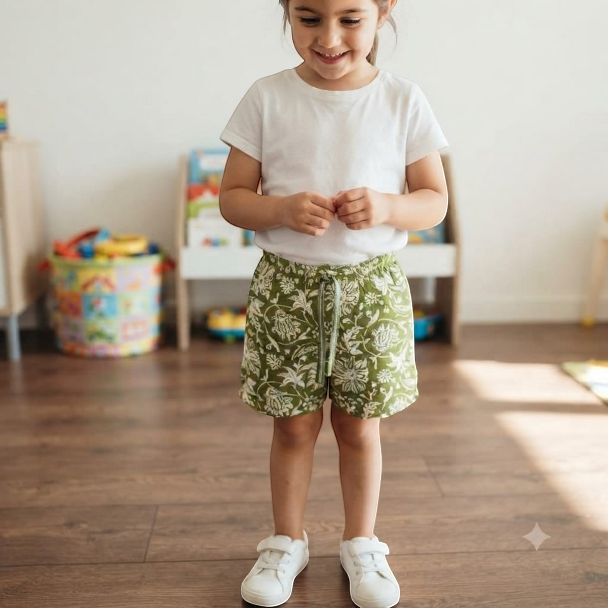 Young girl wearing City Center Honey green floral print pull-on shorts with a white t-shirt and sneakers