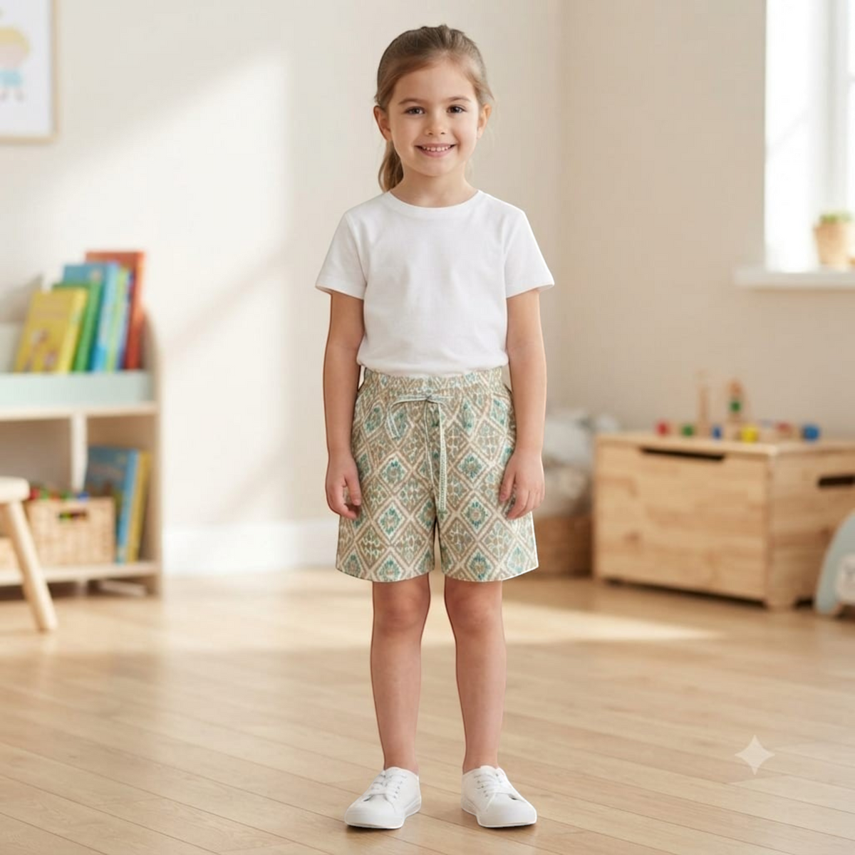City Center Honey girls short pants with a green and beige geometric pattern, featuring a drawstring waist.