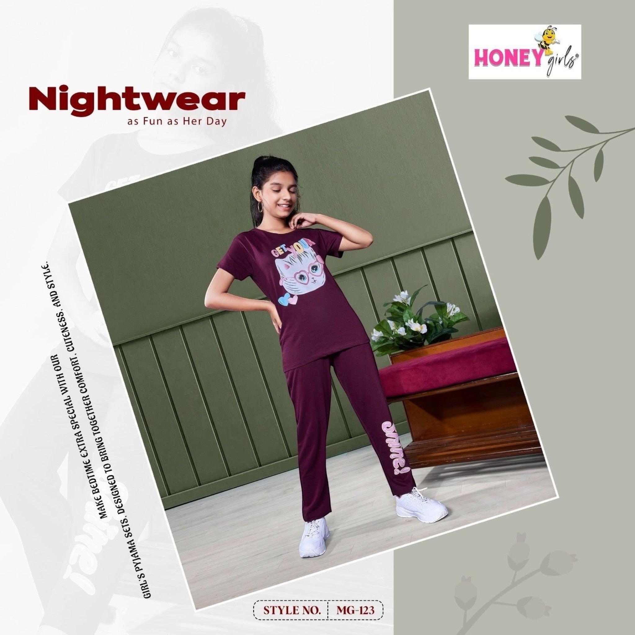 City Center Honey Girls maroon cord set with cat graphic print t-shirt and matching lounge pants for girls