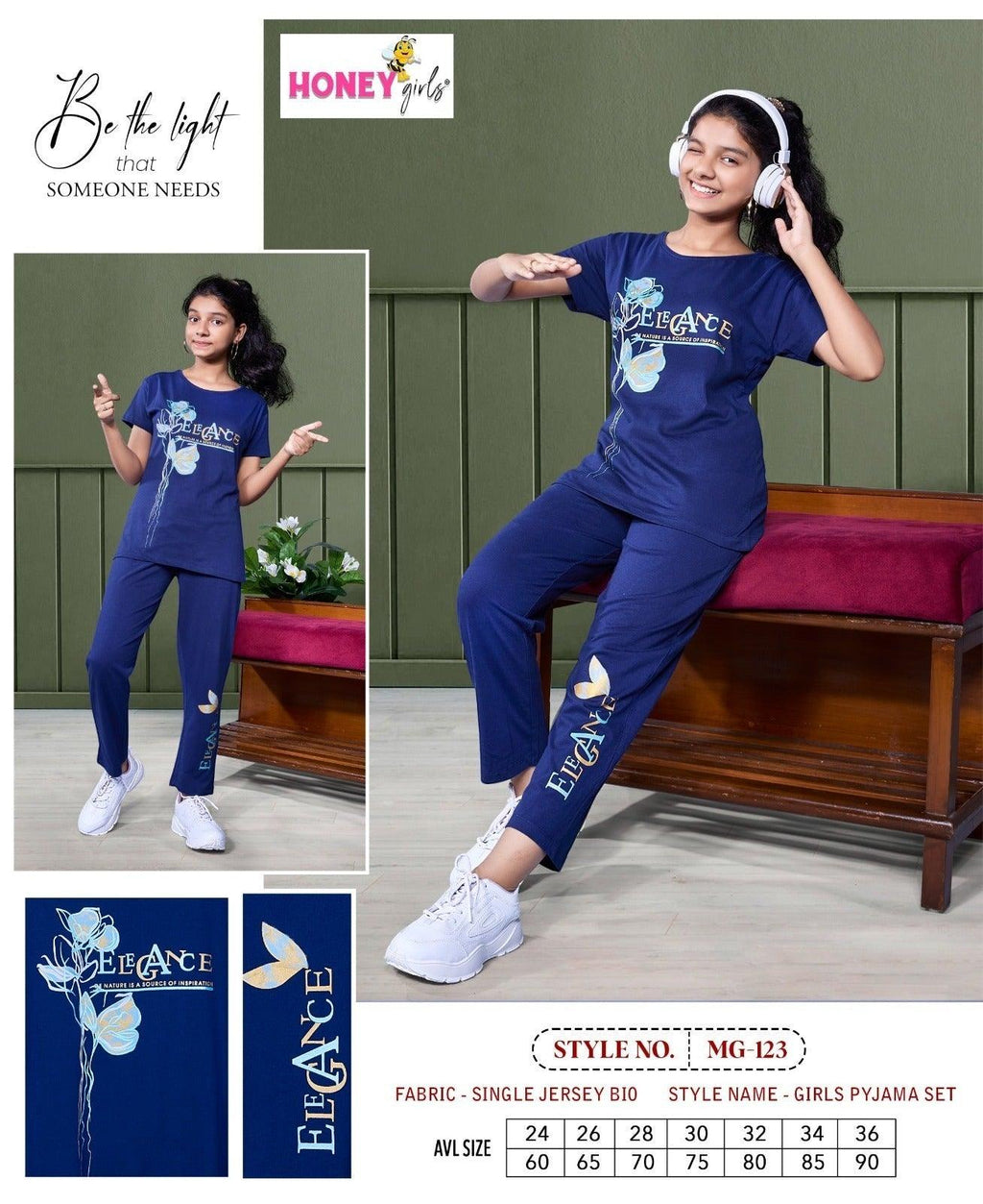 City Center Honey Girls navy blue cotton cord set with floral Elegance graphic print worn by a smiling girl