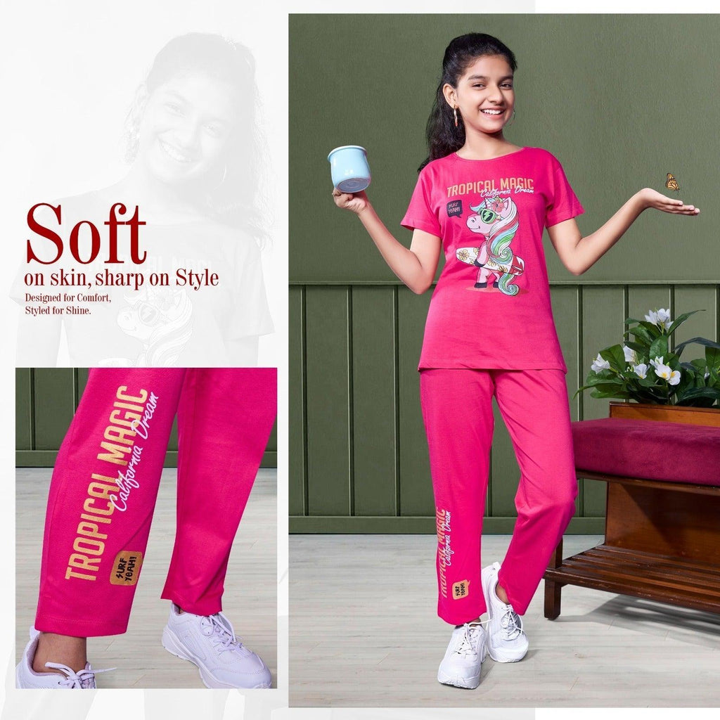 City Center Honey Girls pink cord set featuring a tropical unicorn graphic print on a soft cotton jersey lounge outfit