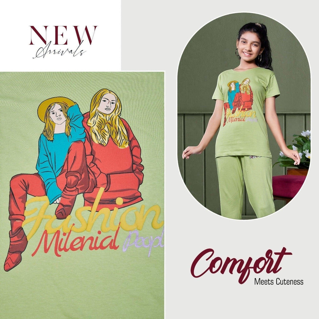 City Center Honey Girls sage green cord set with graphic print t-shirt and matching pants worn by a young girl