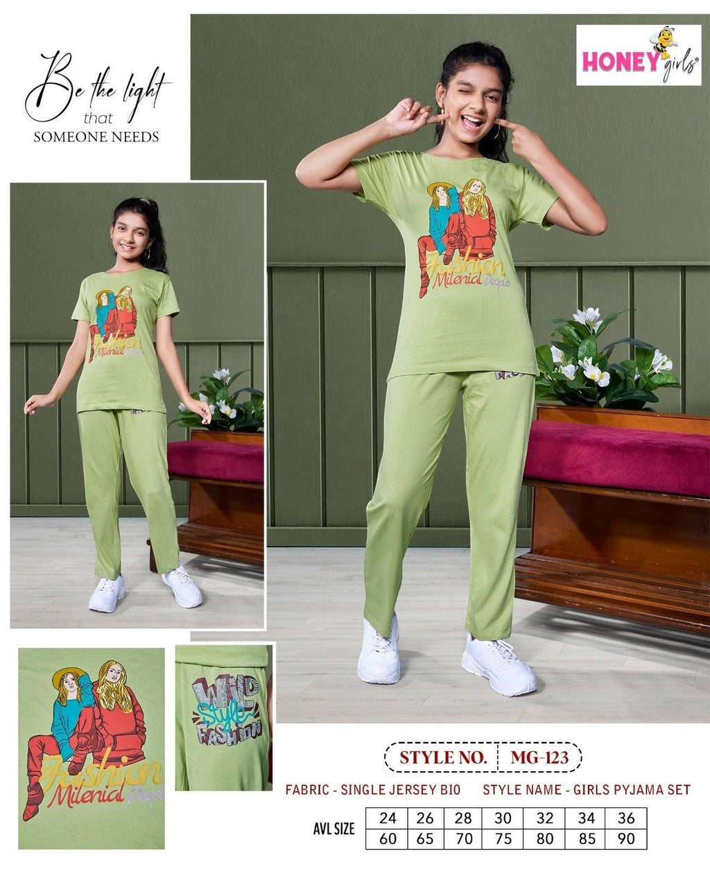 City Center Honey Girls sage green short-sleeve lounge set with graphic print top and matching comfortable trousers
