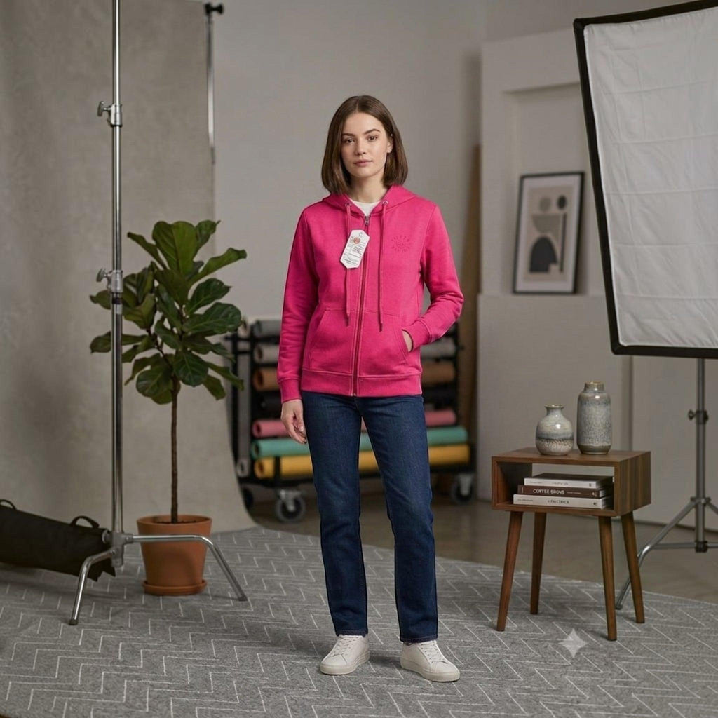 City Center casual hot pink full zip hooded sweatshirt worn by a woman with blue jeans and white sneakers