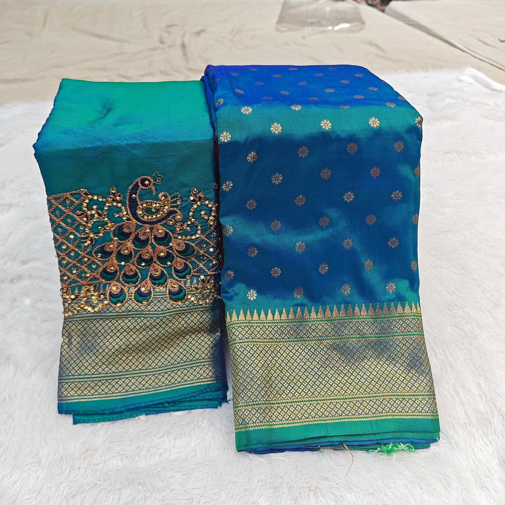 City Center Premium Kalanjali silk saree in blue and green with gold zari border and peacock Aari work blouse piece