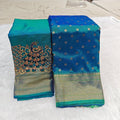 City Center Premium Kalanjali silk saree in blue and green with gold zari border and peacock Aari work blouse piece