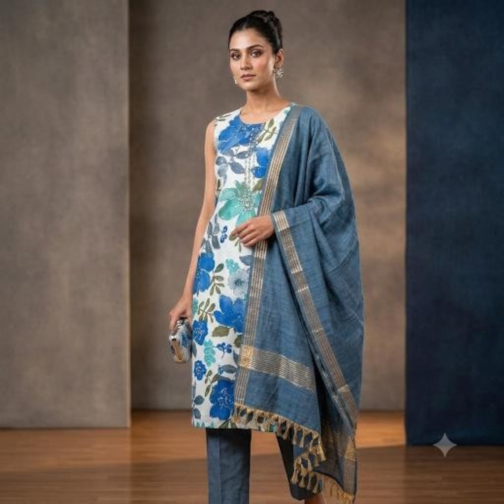 City Center Kalki Kriva churidar set featuring a white floral kurta, blue trousers, and a matching dupatta with trim.