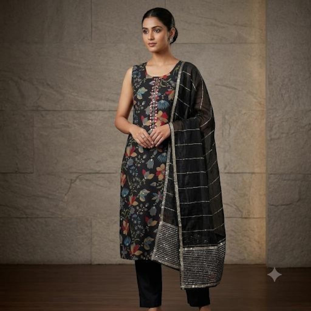 City Center Kalki Kriva churidar set featuring a black floral sleeveless kurta, slim trousers, and a sheer dupatta.