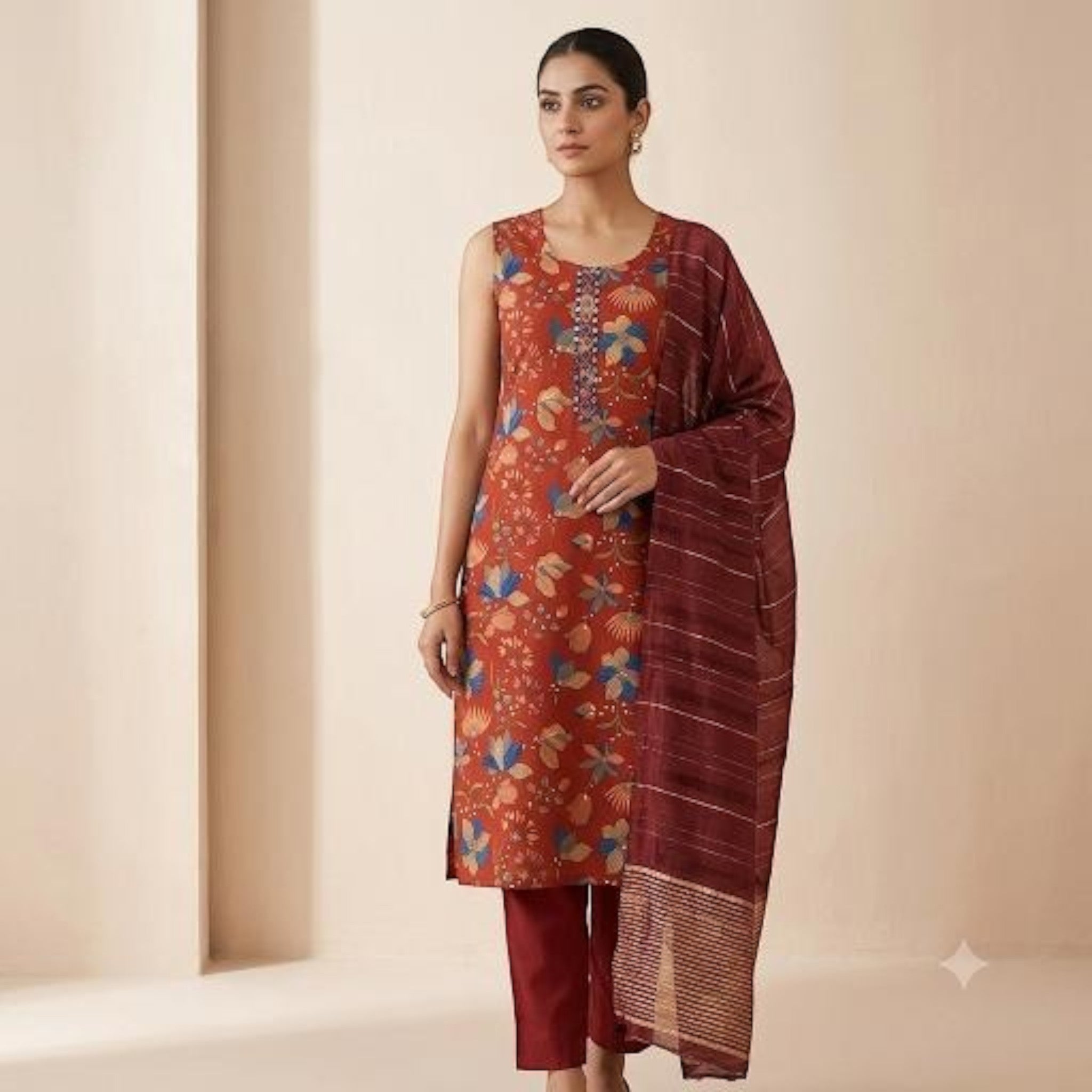 City Center Kalki Kriva churidar set featuring a rust floral kurta, solid maroon pants, and a striped dupatta.