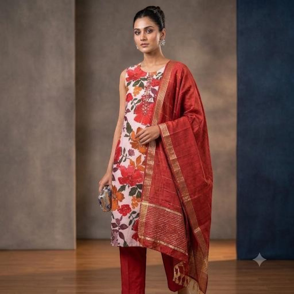 City Center Kalki Kriva floral print kurta set with a red dupatta and slim-fit trousers for festive occasions.