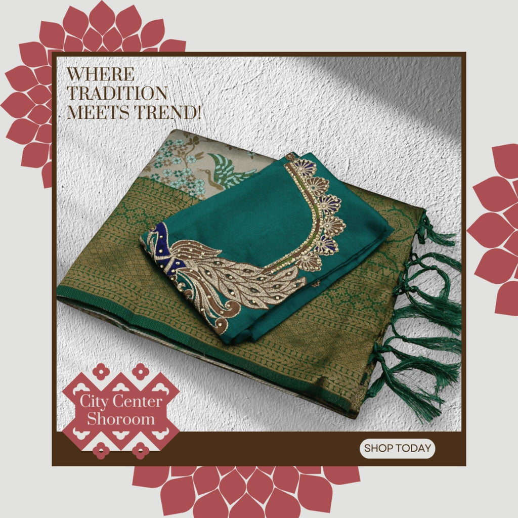 City Center Kanjeevaram silk saree in olive green with a teal blouse featuring intricate handcrafted peacock Aari work