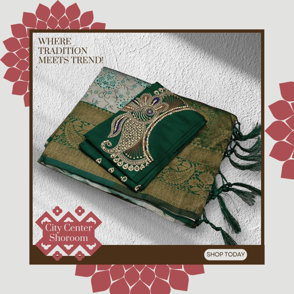 City Center Kanjeevaram soft silk saree in green with gold zari jacquard work and a handcrafted aari work blouse