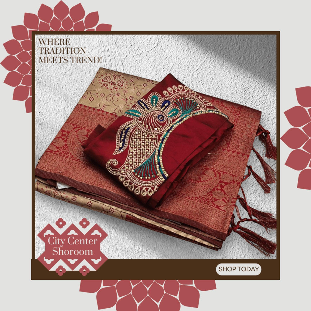 City Center Kanjeevaram silk saree in maroon and gold with intricate jacquard zari work and a handcrafted peacock blouse