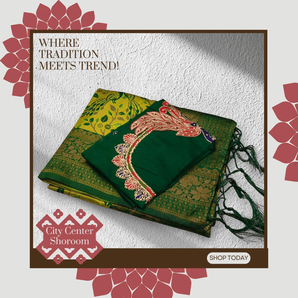 City Center Kanjeevaram silk saree in green and yellow with a matching blouse featuring intricate Aari embroidery