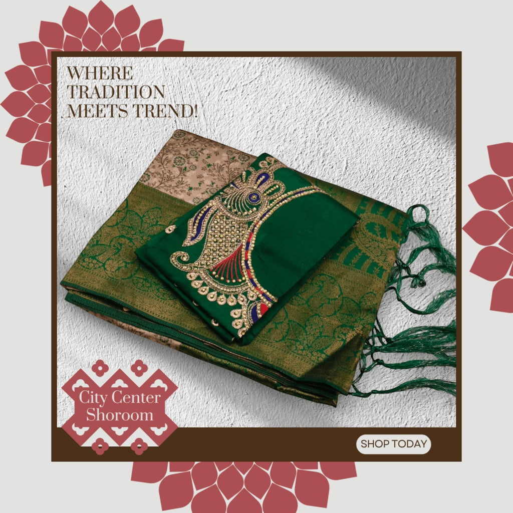 City Center Kanjeevaram silk saree in green and beige with a handcrafted aari work blouse piece.