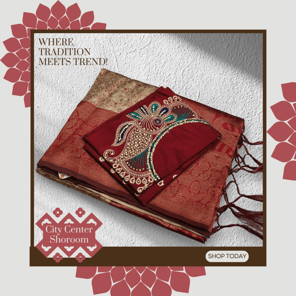 City Center Kanjeevaram soft silk saree in maroon and gold with a handcrafted peacock aari work blouse piece.