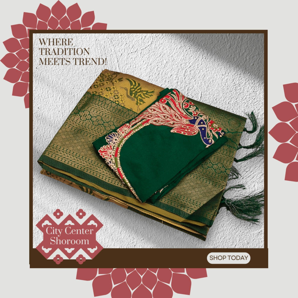 City Center Kanjeevaram silk saree in green and gold with a handcrafted Aari work blouse piece.