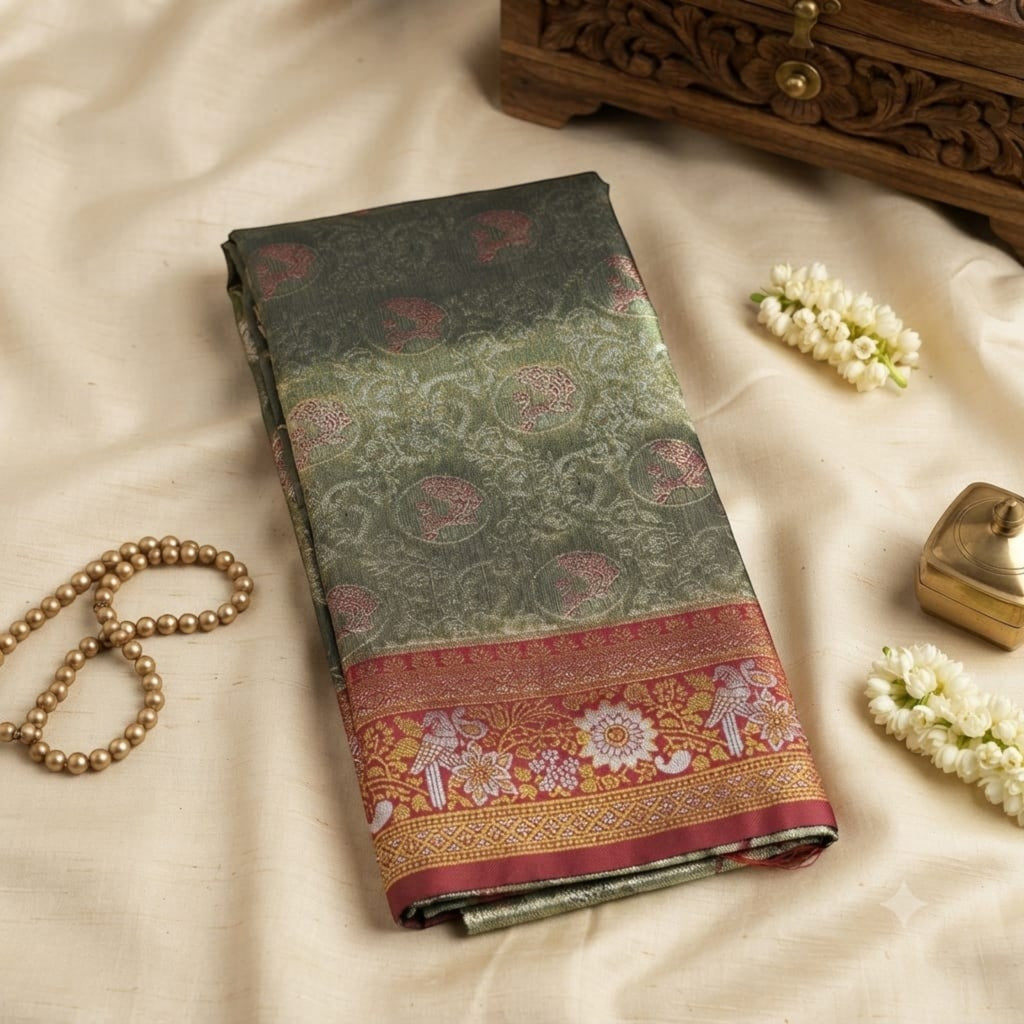 City Center premium Kanjivaram saree in olive green with a deep red zari border featuring intricate floral motifs.