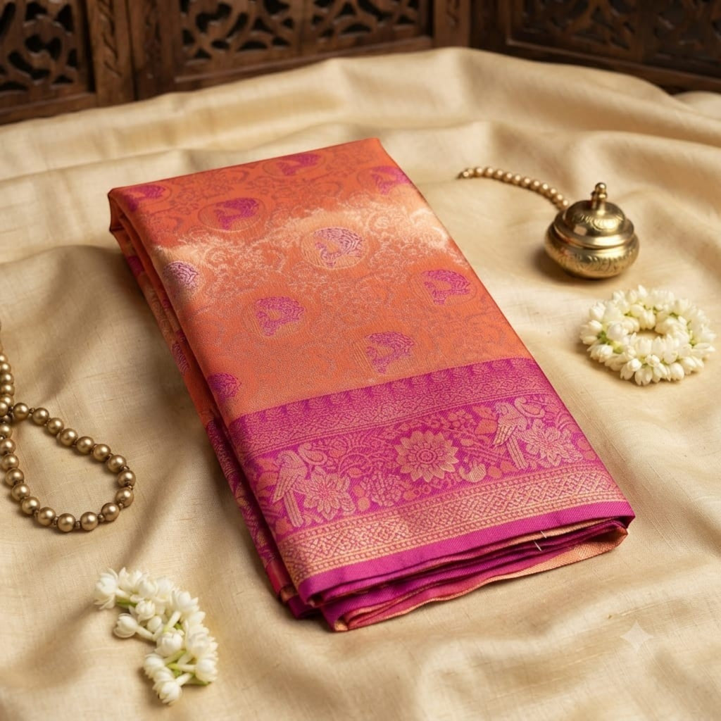 City Center premium Kanjivaram saree in orange and pink with intricate gold zari floral and peacock border patterns.