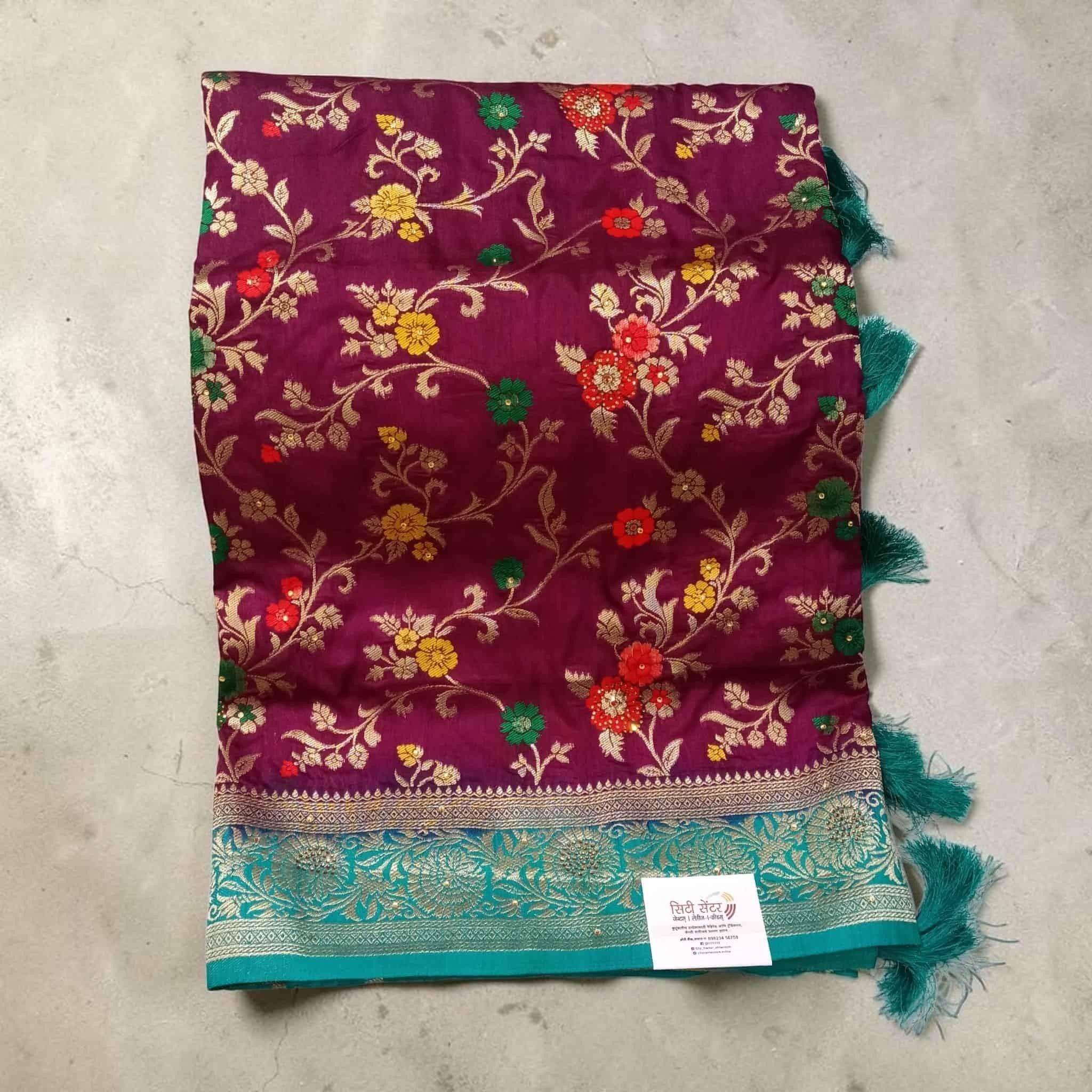 City Center Kathpadar Peshwai saree in deep maroon with floral patterns, Swarovski crystals, and a teal green border.
