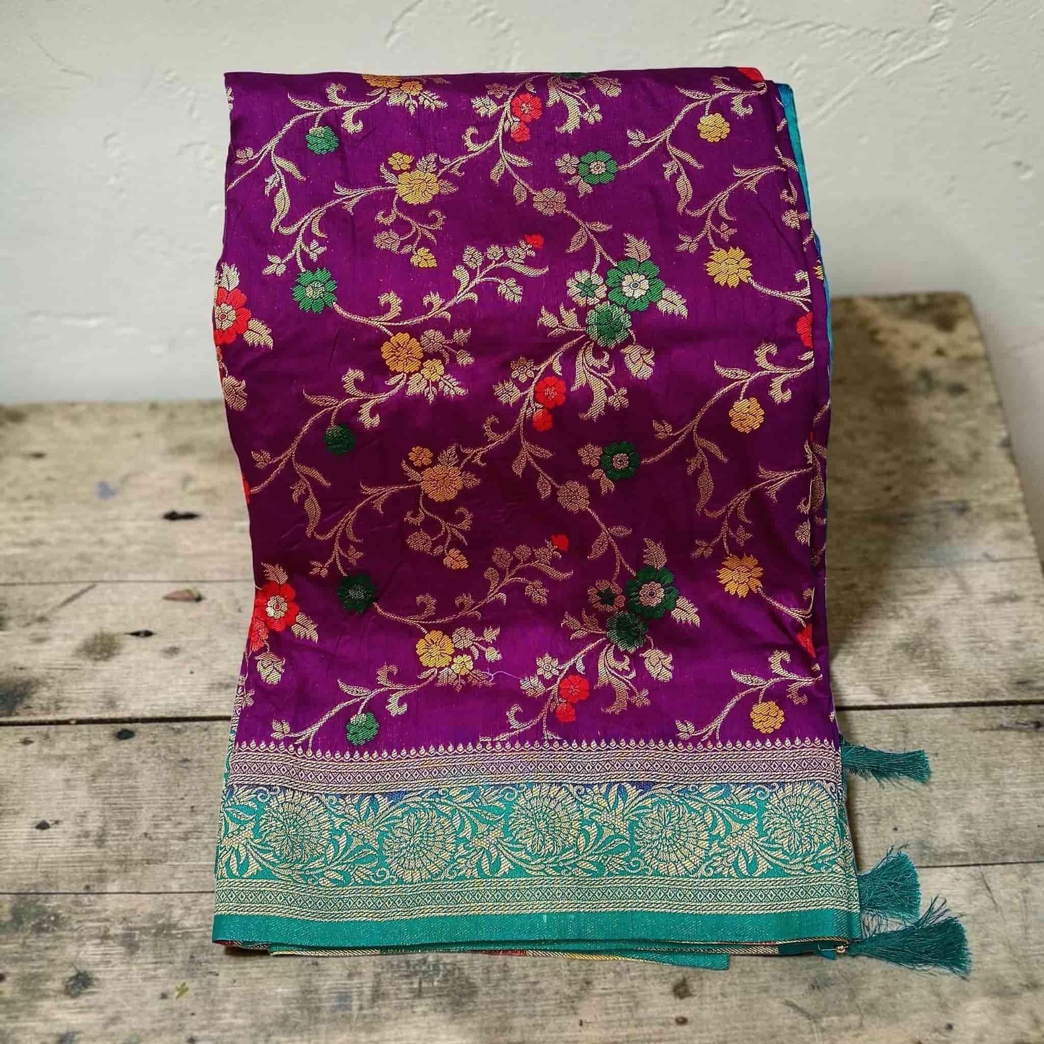 City Center Kathpadar Peshwai saree in deep purple with floral motifs, teal border, and Swarovski crystal accents.