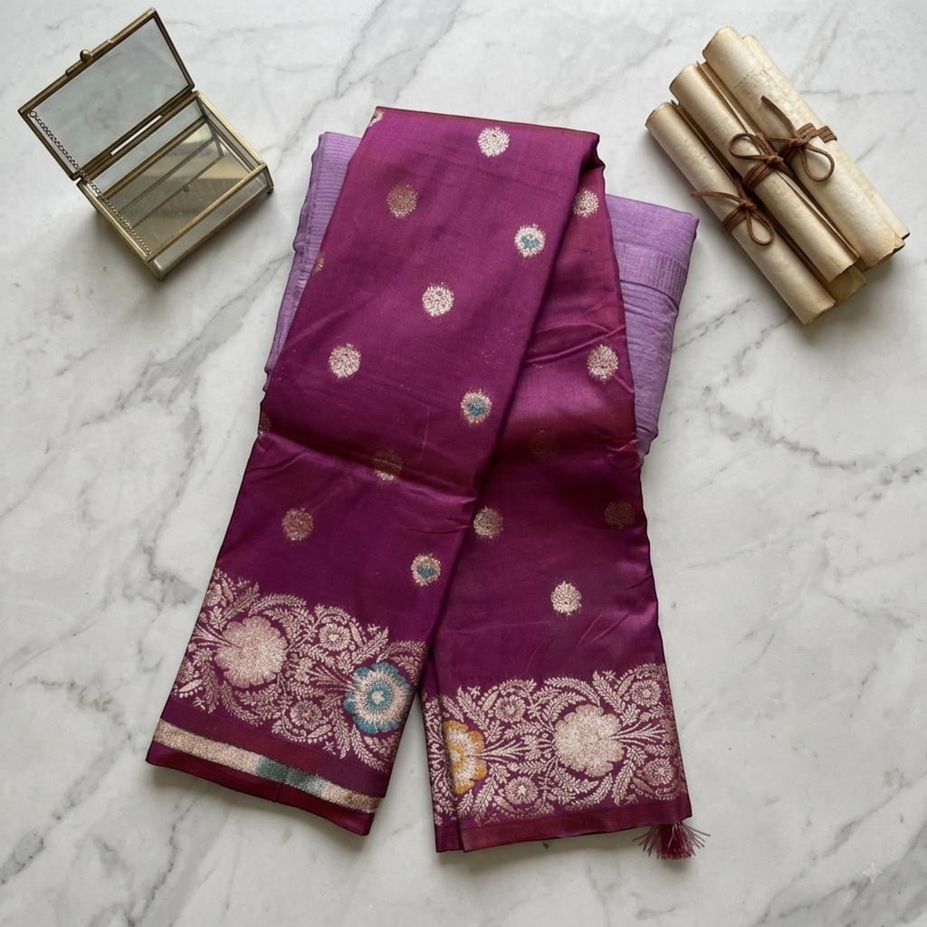 City Center premium Kattpadar silk saree in deep purple with intricate gold zari floral borders and matching blouse.