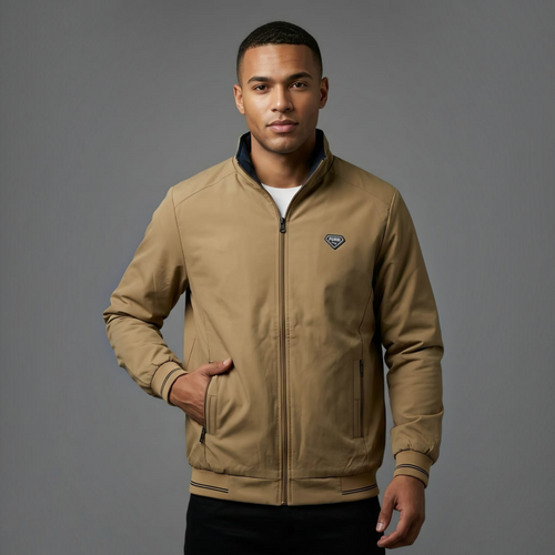 City Center khaki reversible parachute jacket worn by a man, featuring a zip-up front and professional utility design.