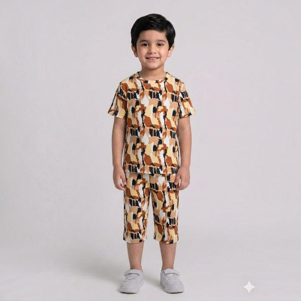 City Center kids cotton co-ord set featuring a brown and black abstract print on a short-sleeve top and shorts.