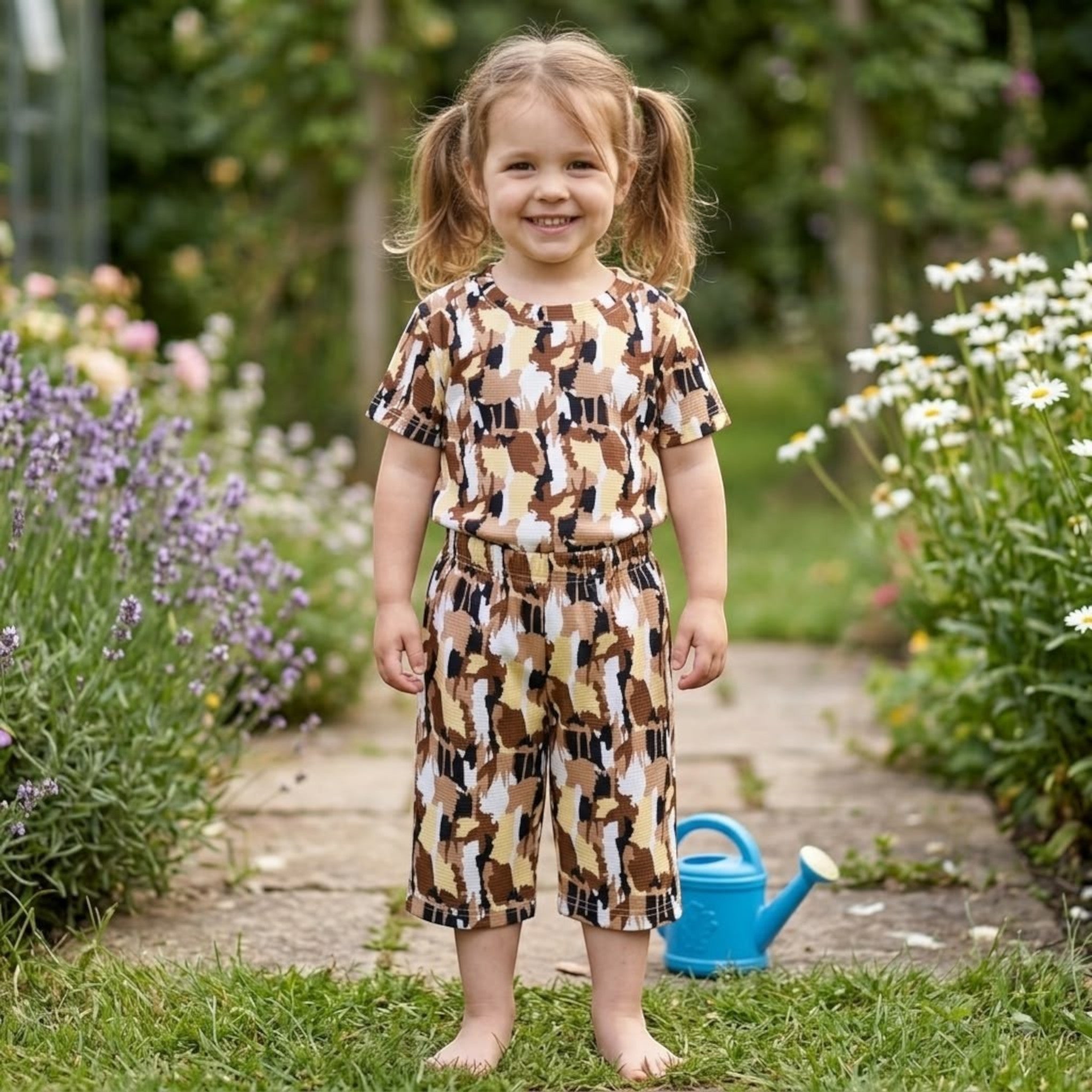 City Center kids co-ord set featuring a brown, black, and white abstract print on soft cotton blend fabric