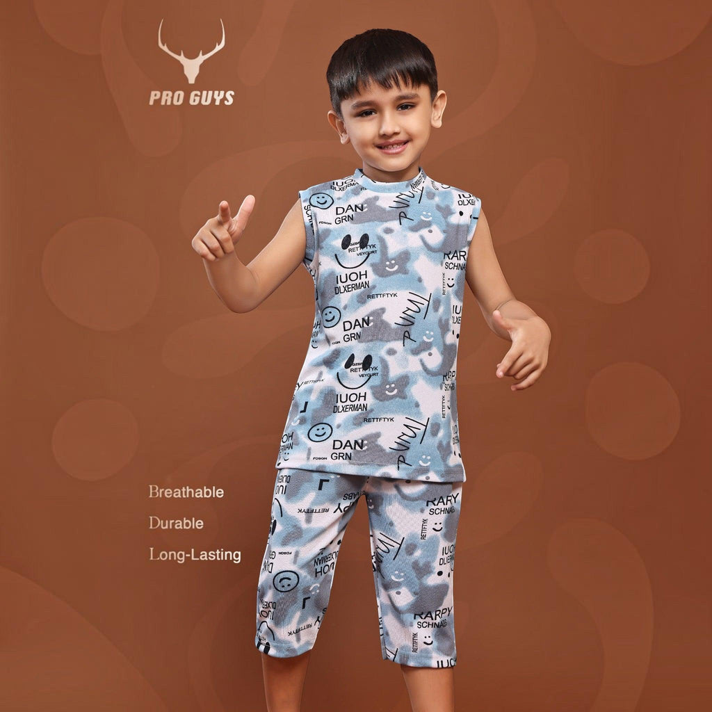 City Center kids capri cord set in light blue camo print with smiley face graphics and sleeveless top