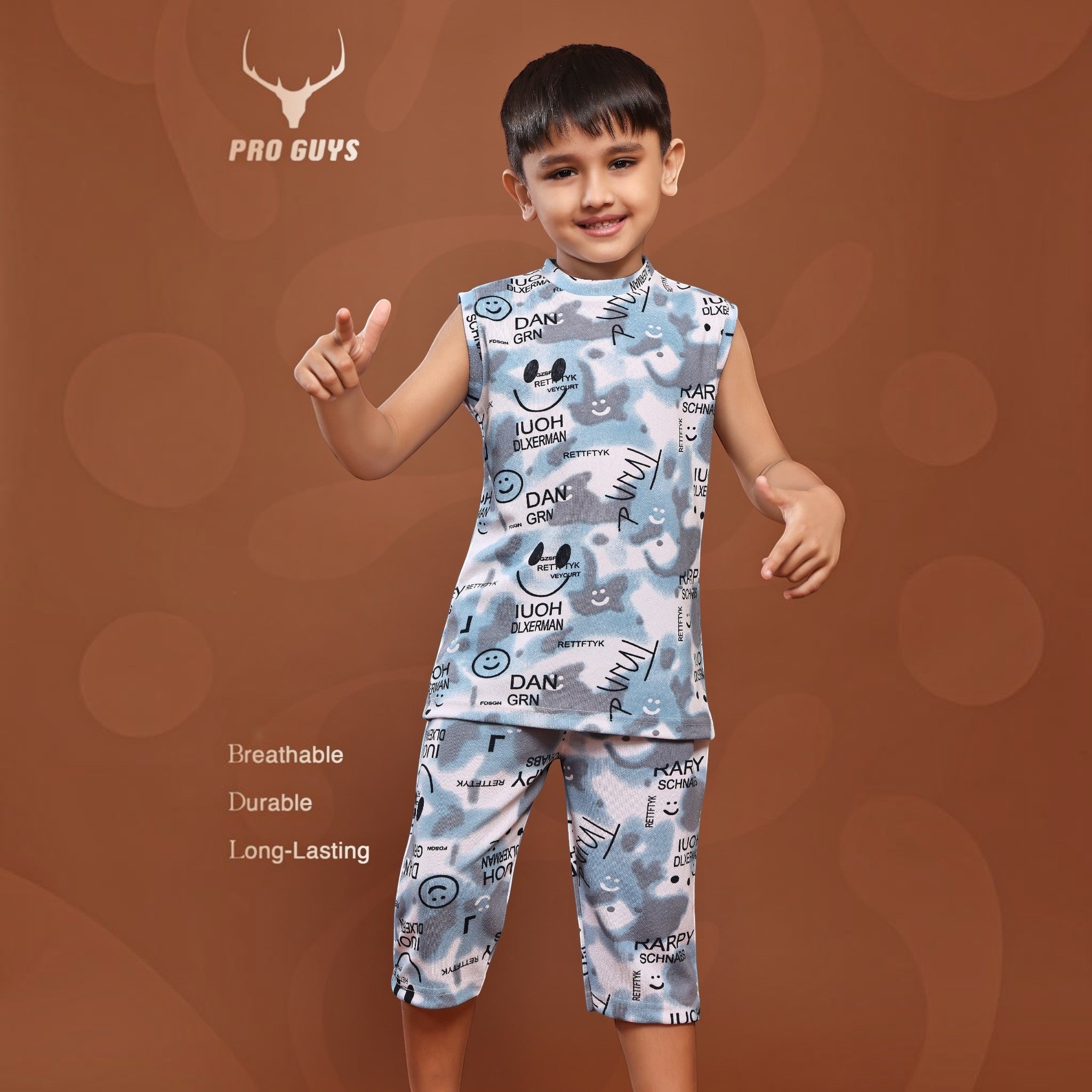 City Center kids capri cord set in light blue camo print with smiley face graphics and sleeveless top