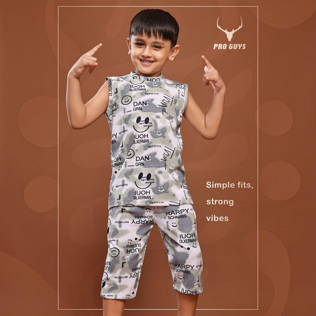 City Center kids capri cord set in grey with smiley face and typography print, featuring soft moisture-wicking fabric.
