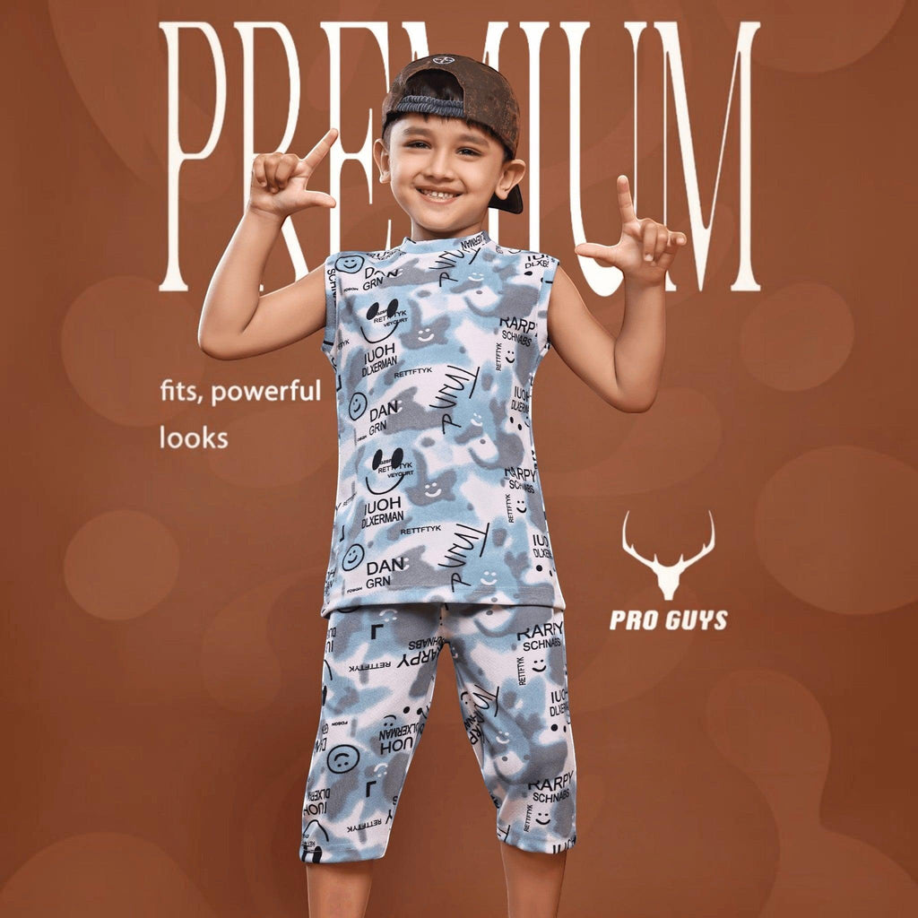 City Center kids capri cord set featuring a blue camouflage print with smiley faces and text on soft dry-fit fabric.