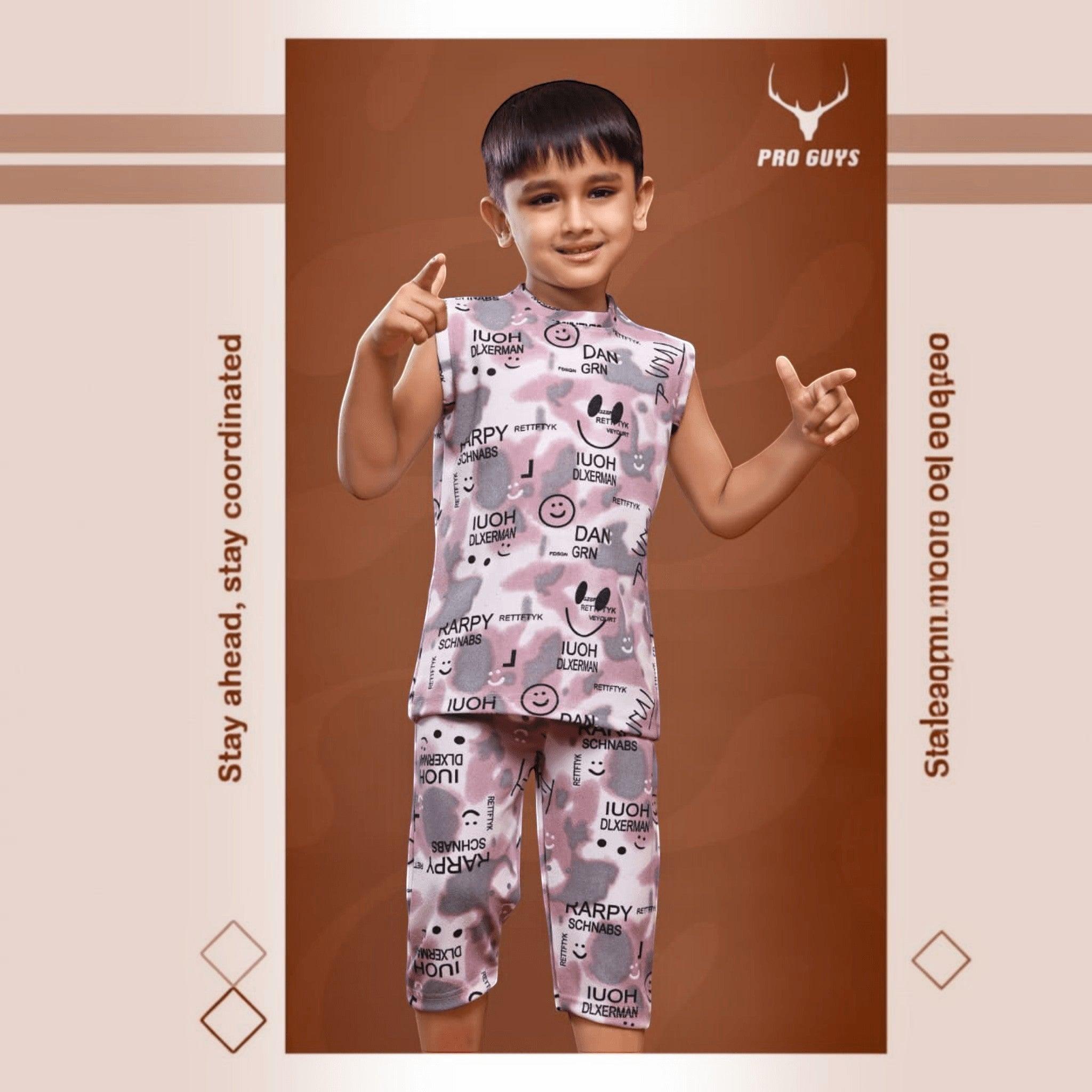 City Center kids capri cord set in pink and grey with smiley face print, made of soft moisture-wicking fabric.