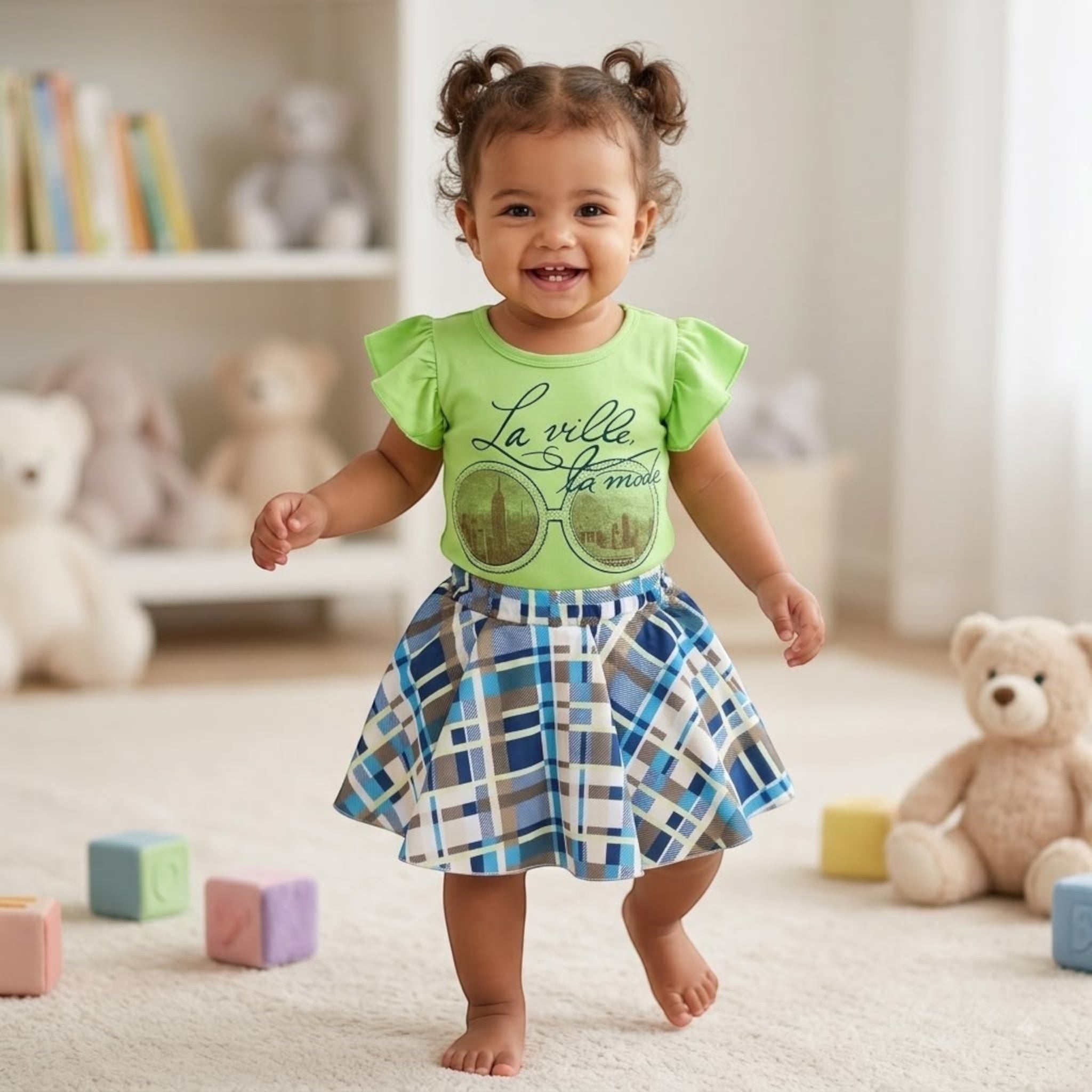 City Center premium kids set featuring a lime green graphic t-shirt and a blue plaid skirt worn by a smiling toddler.
