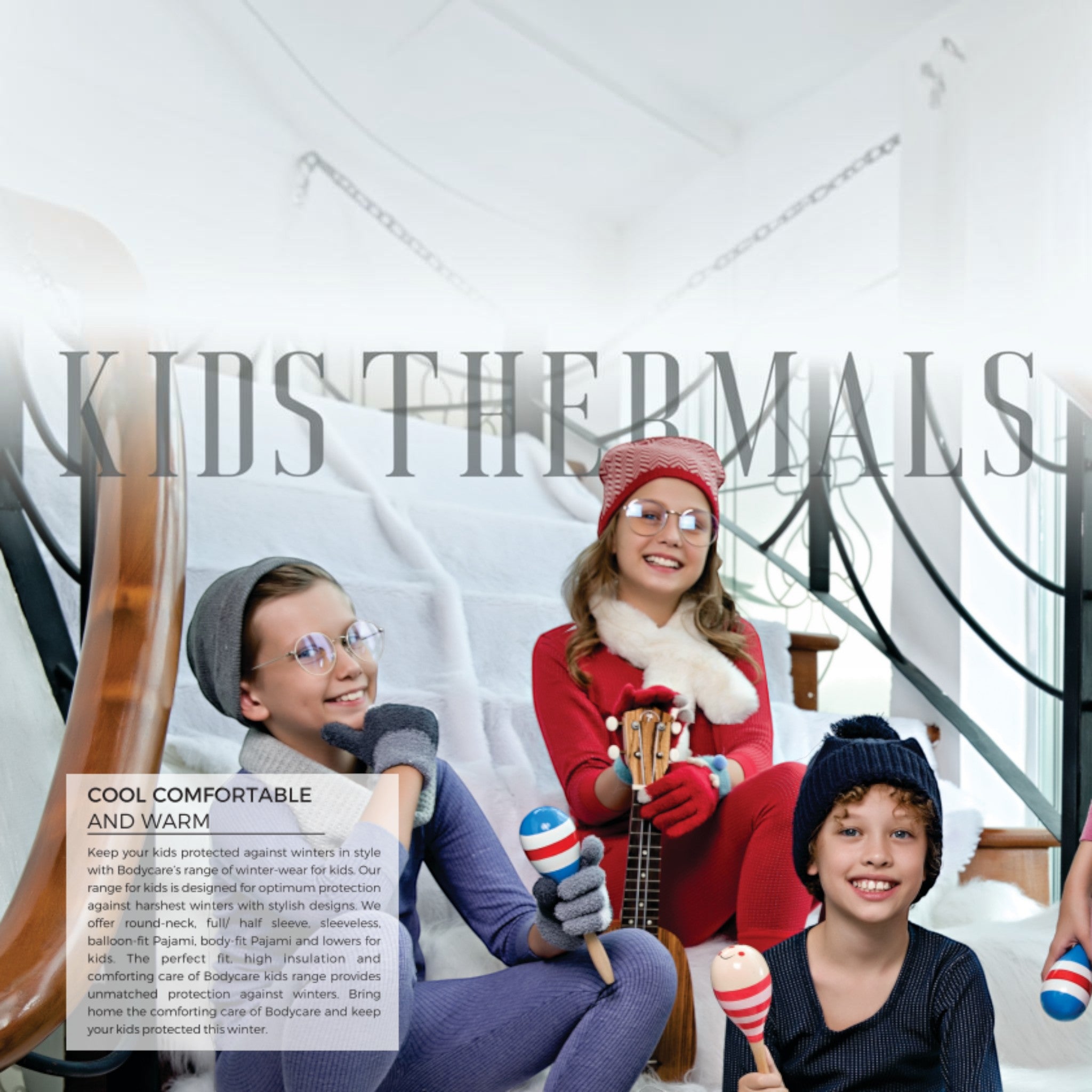 City Center kids wearing colorful thermal base layers, hats, and glasses while playing with maracas on stairs