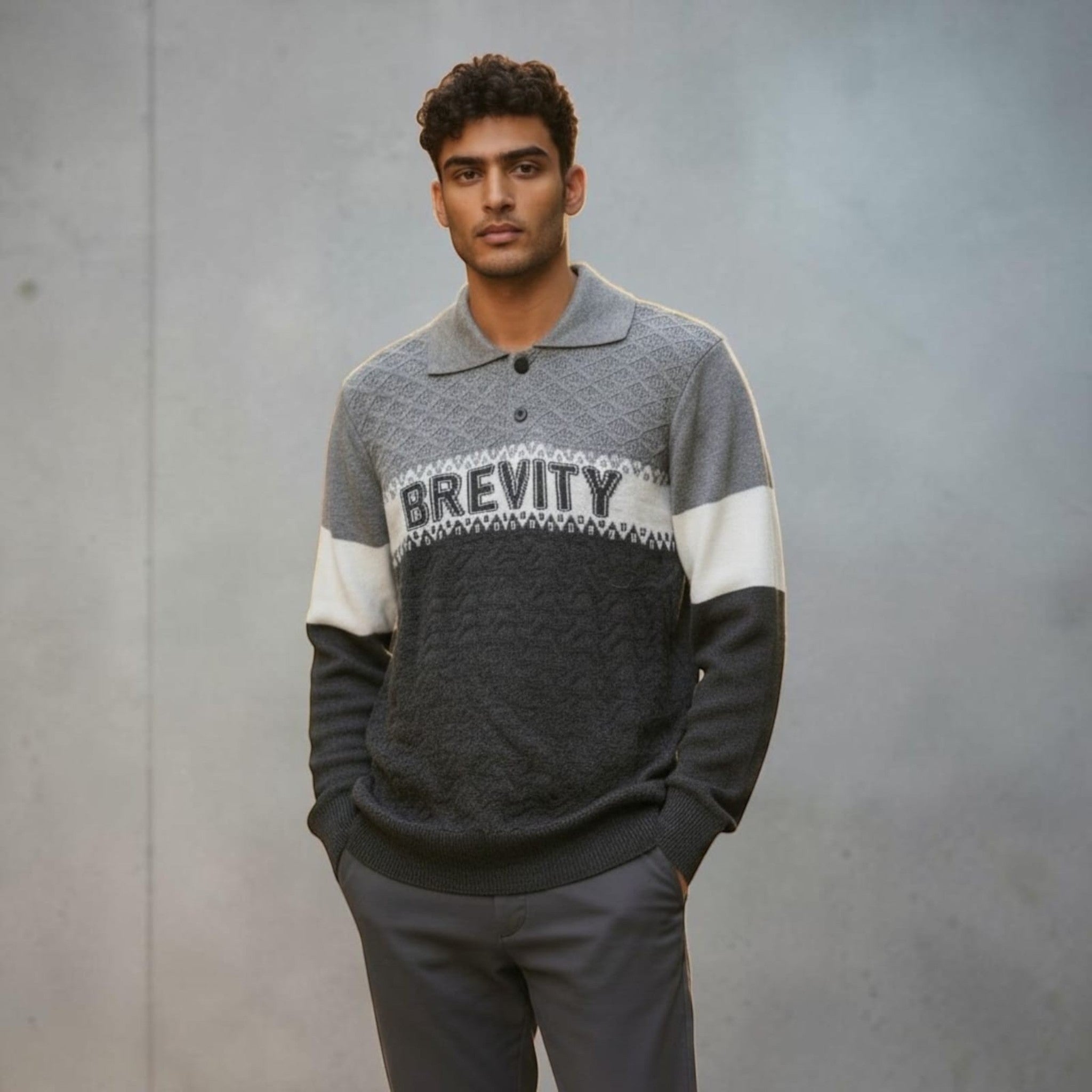 City Center men's grey and white color-block knit polo sweater with textured pattern and button placket