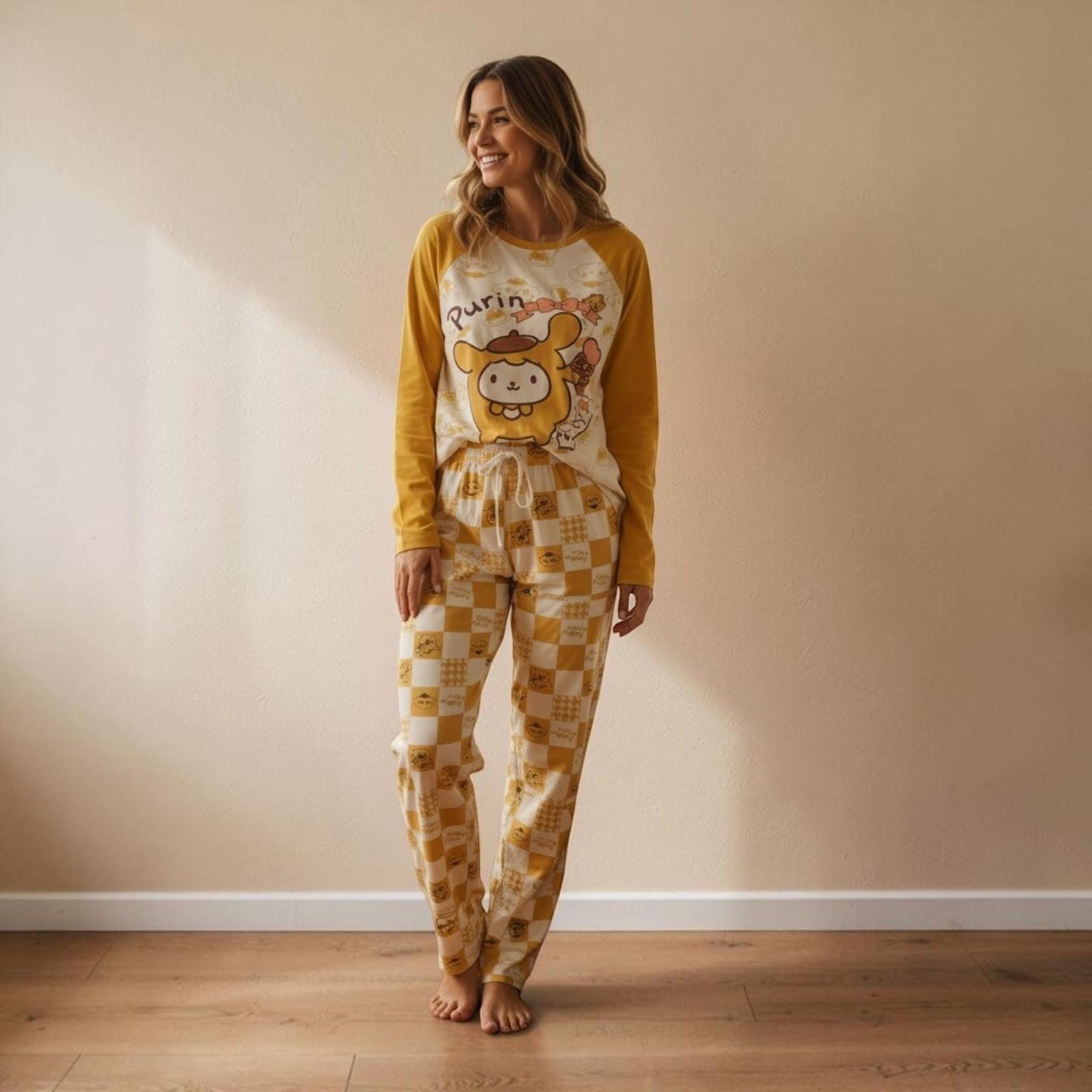 City Center Korean style printed co-ord set featuring a yellow long-sleeve top and checkered patterned lounge pants.