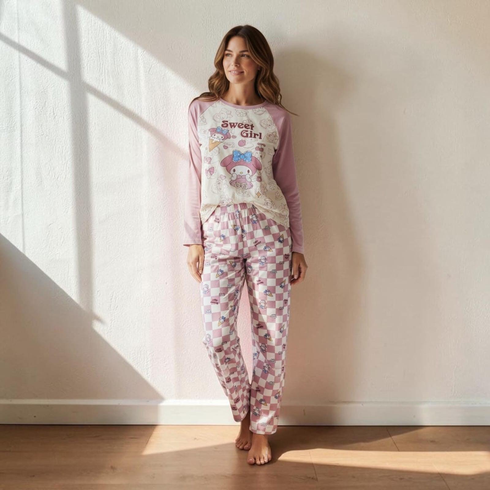 City Center Korean style co-ord set featuring a pink and cream long-sleeve graphic top and matching checkered pants.