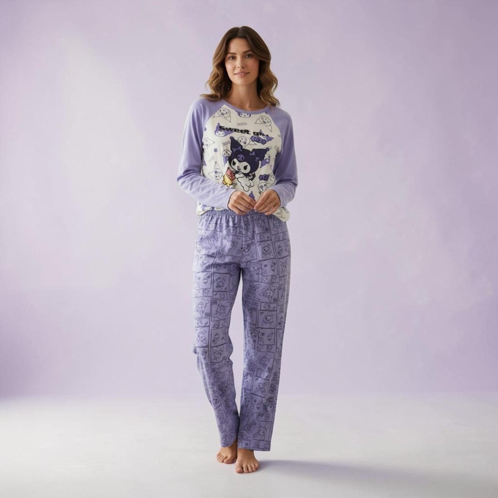 City Center Korean style co-ord set featuring a long-sleeve top and pants with purple cartoon character prints
