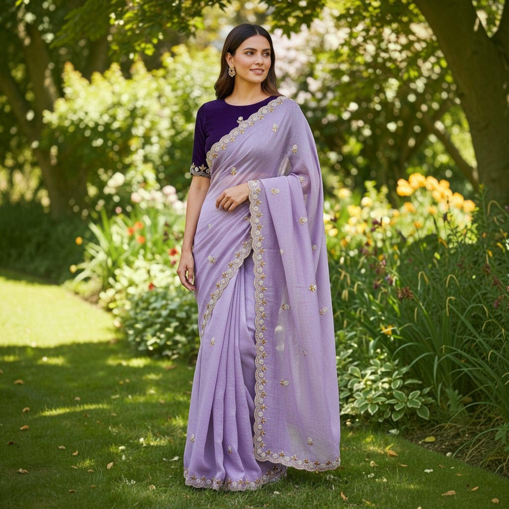 City Center organza saree in lavender with intricate beadwork and a contrasting deep purple blouse in a garden setting