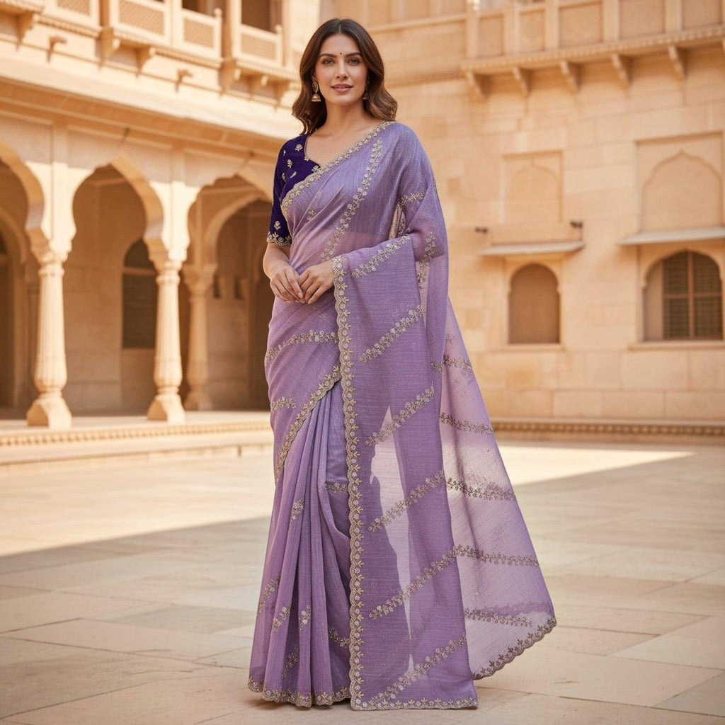 City Center lavender organza saree with intricate beadwork and a contrasting dark blue blouse worn by a model.