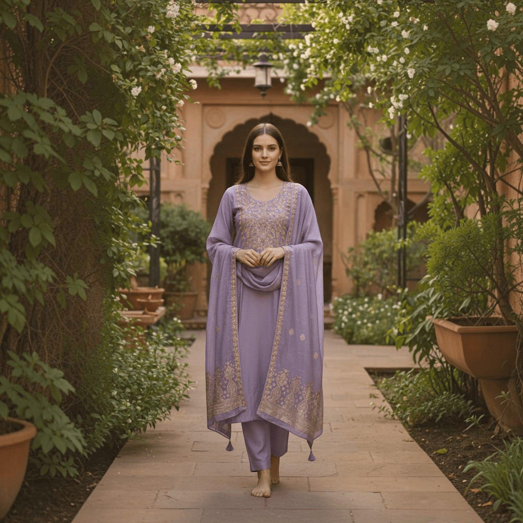 City Center lavender cotton blend kurta set with intricate gold sequins embroidery, matching pants, and dupatta.