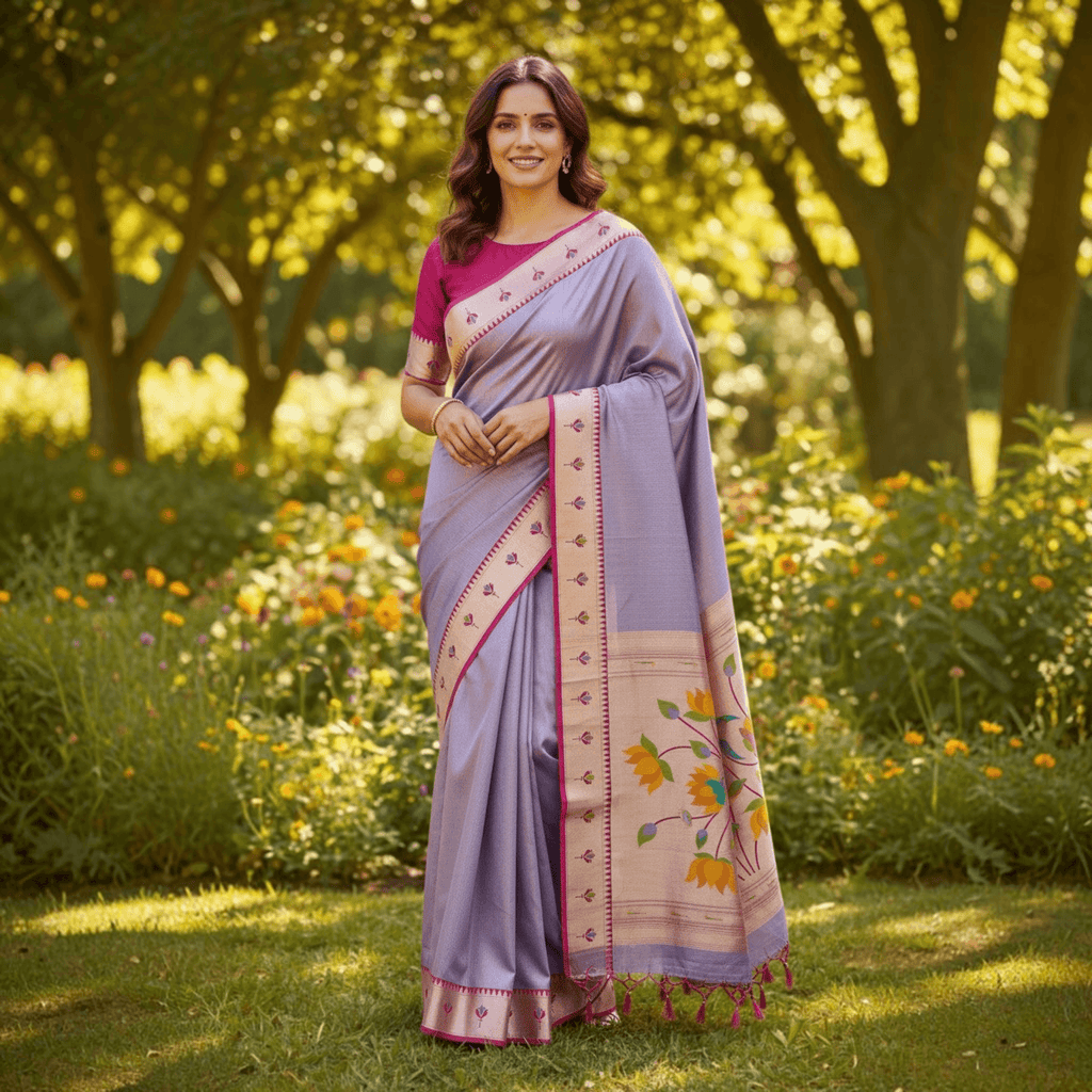 City Center lavender tissue Paithani saree with lotus motifs and magenta blouse worn by a woman in a garden