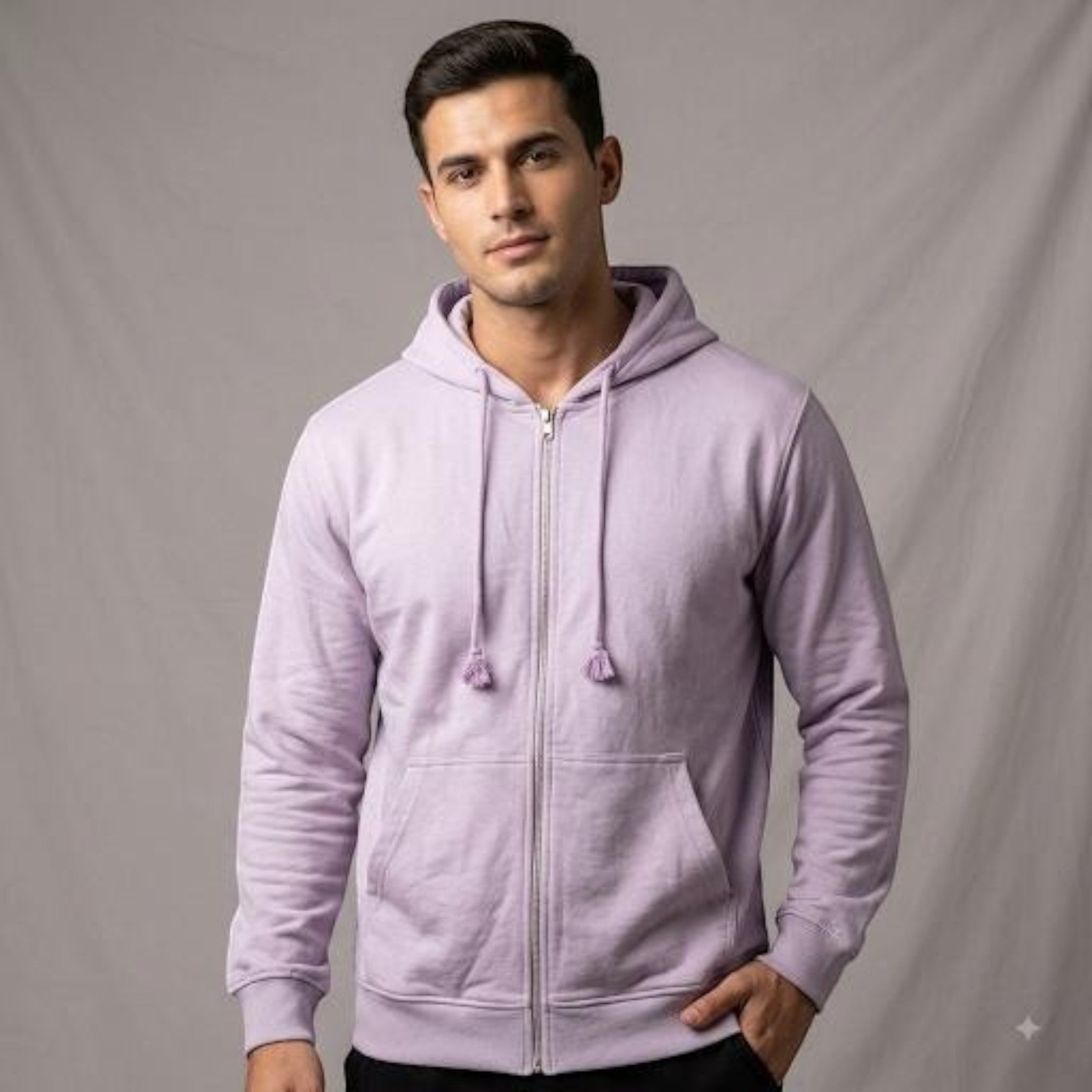 City Center men's light purple zip-up hooded sweater with a soft cotton texture worn by a male model