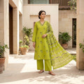 City Center lime green 3-piece churidar set featuring an embroidered kurta, matching trousers, and a printed dupatta.