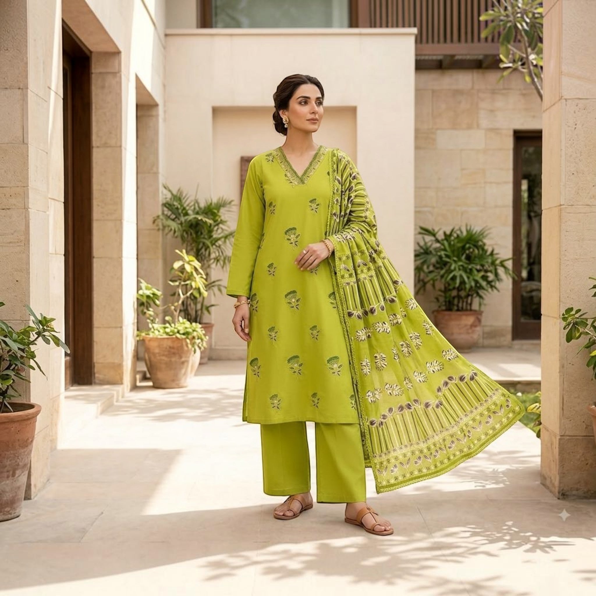 City Center lime green 3-piece churidar set featuring an embroidered kurta, matching trousers, and a printed dupatta.